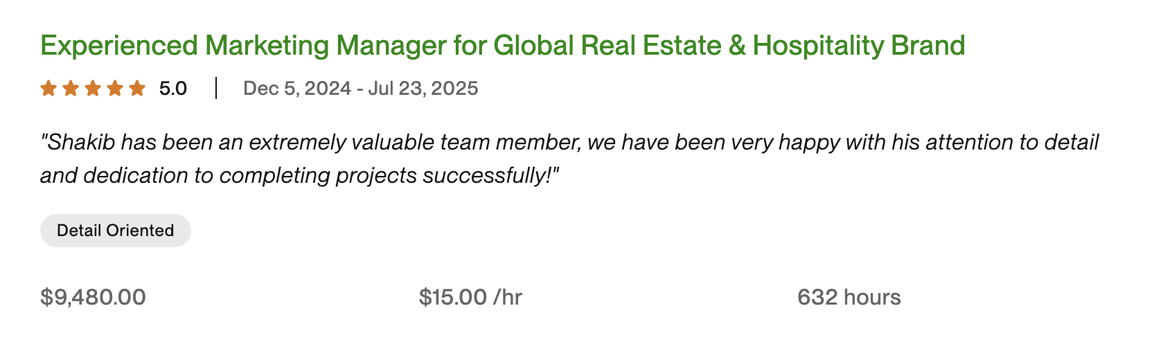 Experienced Marketing Manager — Real Estate & Hospitality, $9,480 · 632 hrs · 5.0★