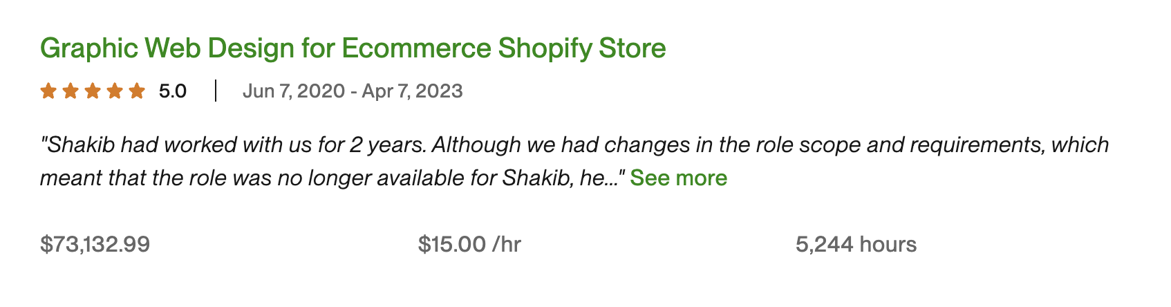 Graphic Web Design — Ecommerce Shopify Store, $73,132 · 5,244 hrs · 5.0★