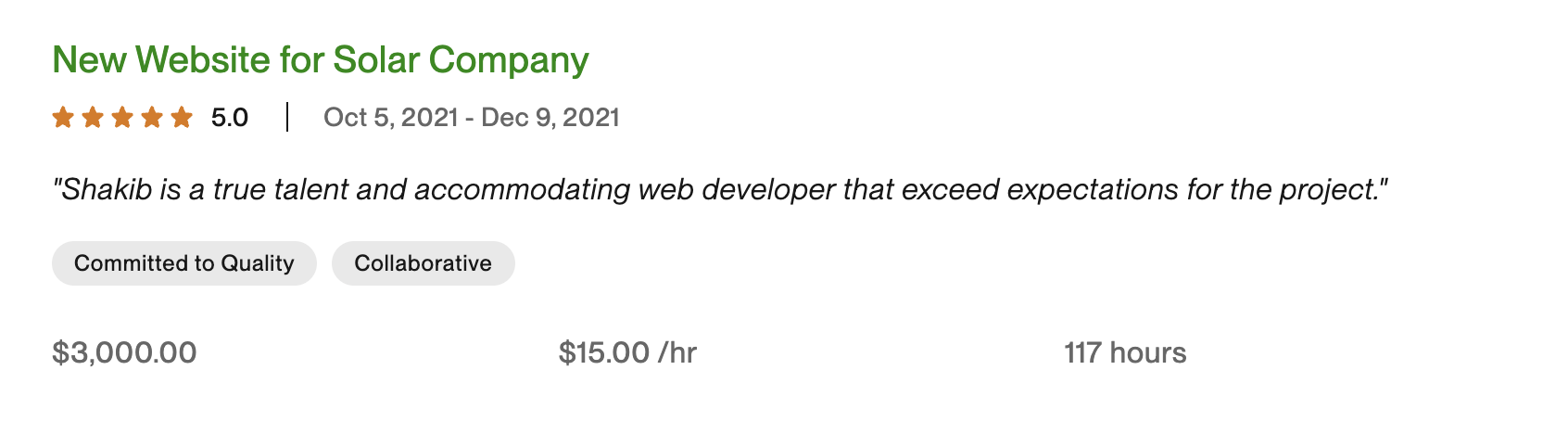 New Website for Solar Company, $3,000 · 117 hrs · 5.0★